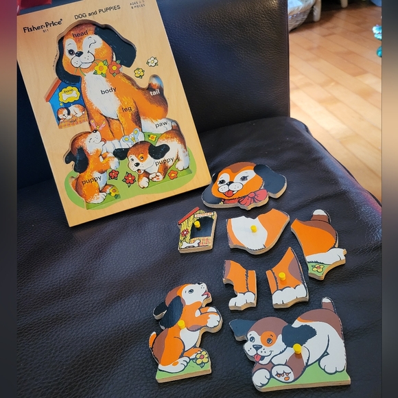 Vintage 1982 Fisher Price Dog & Puppies Wood Peg 8 Pc Puzzle #511 Collectible - Picture 2 of 4